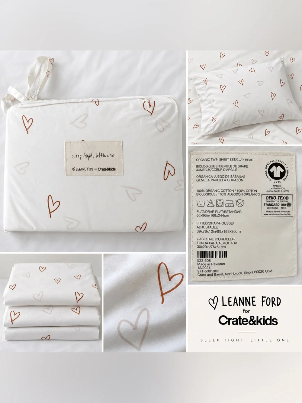 Crate & Barrel Leanne Ford Organic Twin Sheet Set Clay Heart 100% Cotton NWT